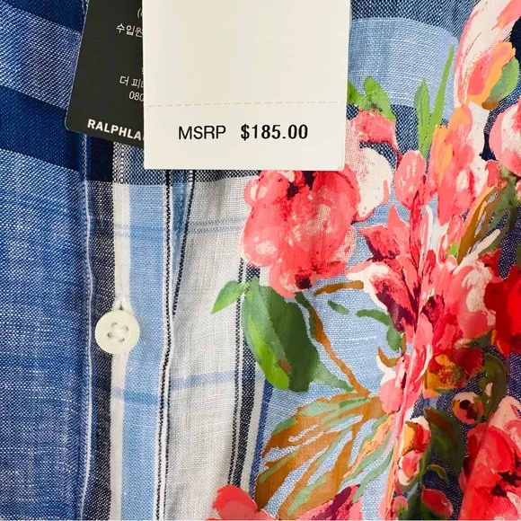 New Ralph Lauren Floral & Plaid Lightweight Linen Button Down Shirtdress Midi - Picture 9 of 15